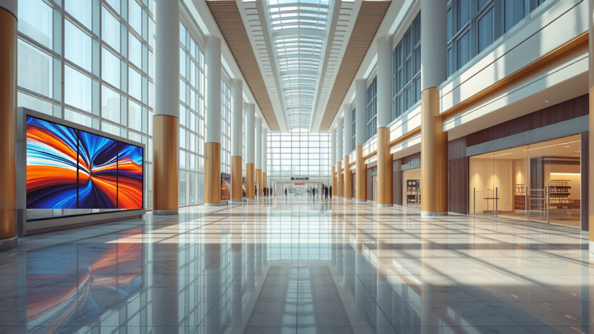 Illustrative concept of an airport digital advertising screen at DXB, themed for Dubai Shopping Festival. Image for illustrative purposes only, not an actual installed advertisement.