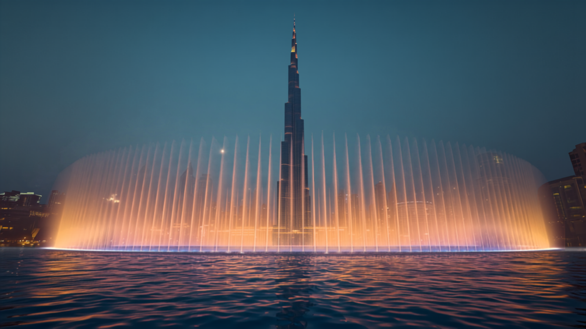 Dubai skyline and Burj Khalifa at dusk