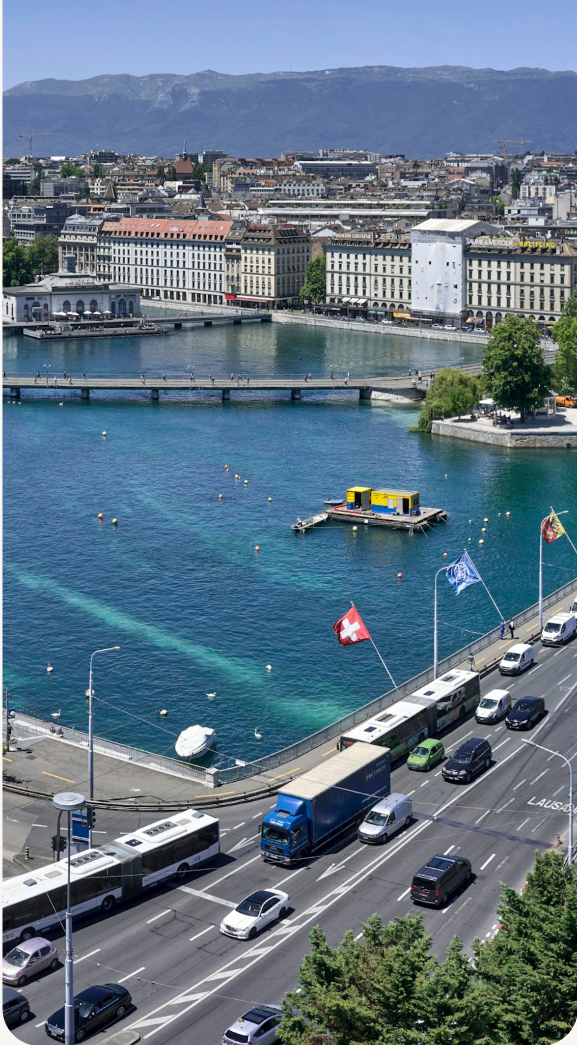 Aerial view of the Rhone river and Geneva old town, Switzerland
