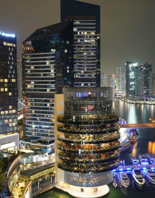 Dubai Marina waterfront skyline at night, United Arab Emirates