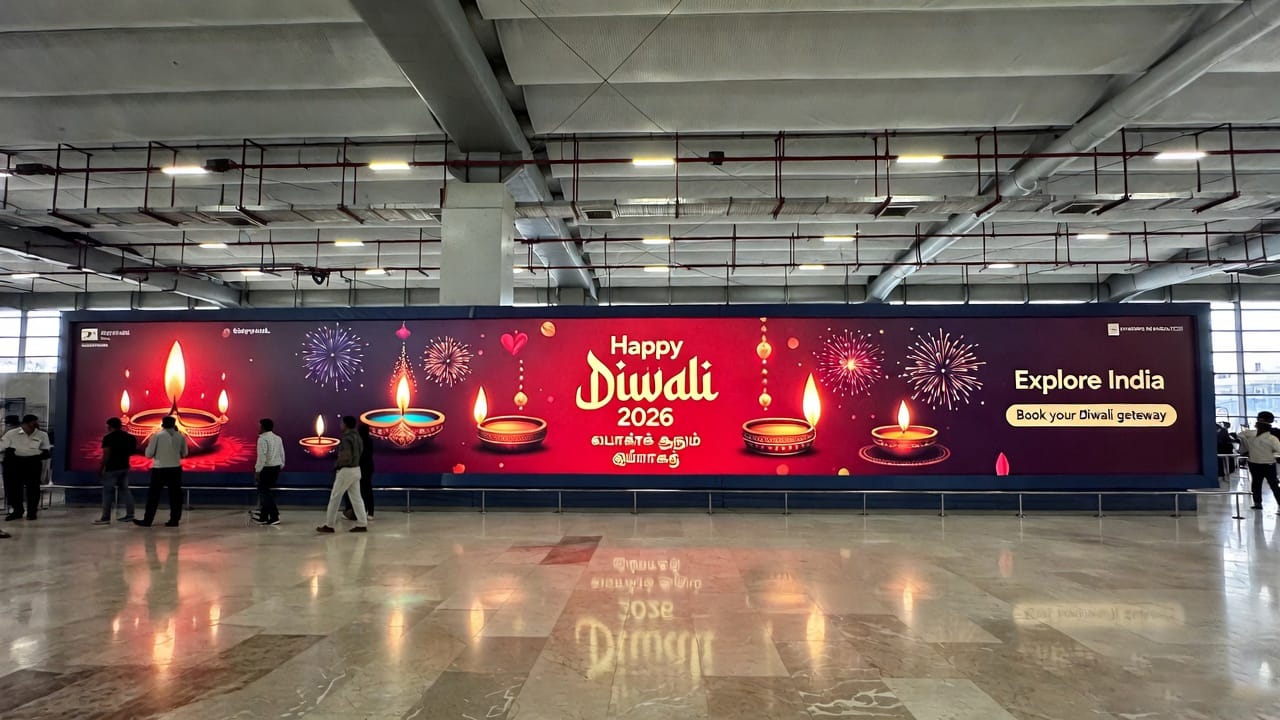 Digital advertising placement mockup at Chennai International Airport (MAA), reaching Diwali 2026 festive travellers.