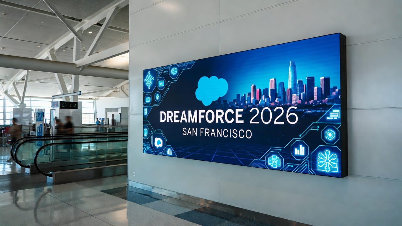 Airport advertising sites at San Francisco International (SFO), the arrival point for Dreamforce 2026 in San Francisco.