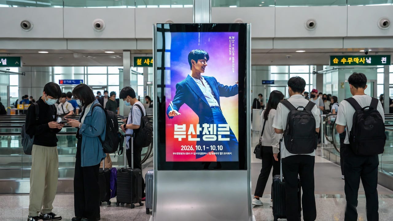 Advertising environment at Busan Gimhae International Airport (PUS), the festival gateway for Busan Film Festival 2026.