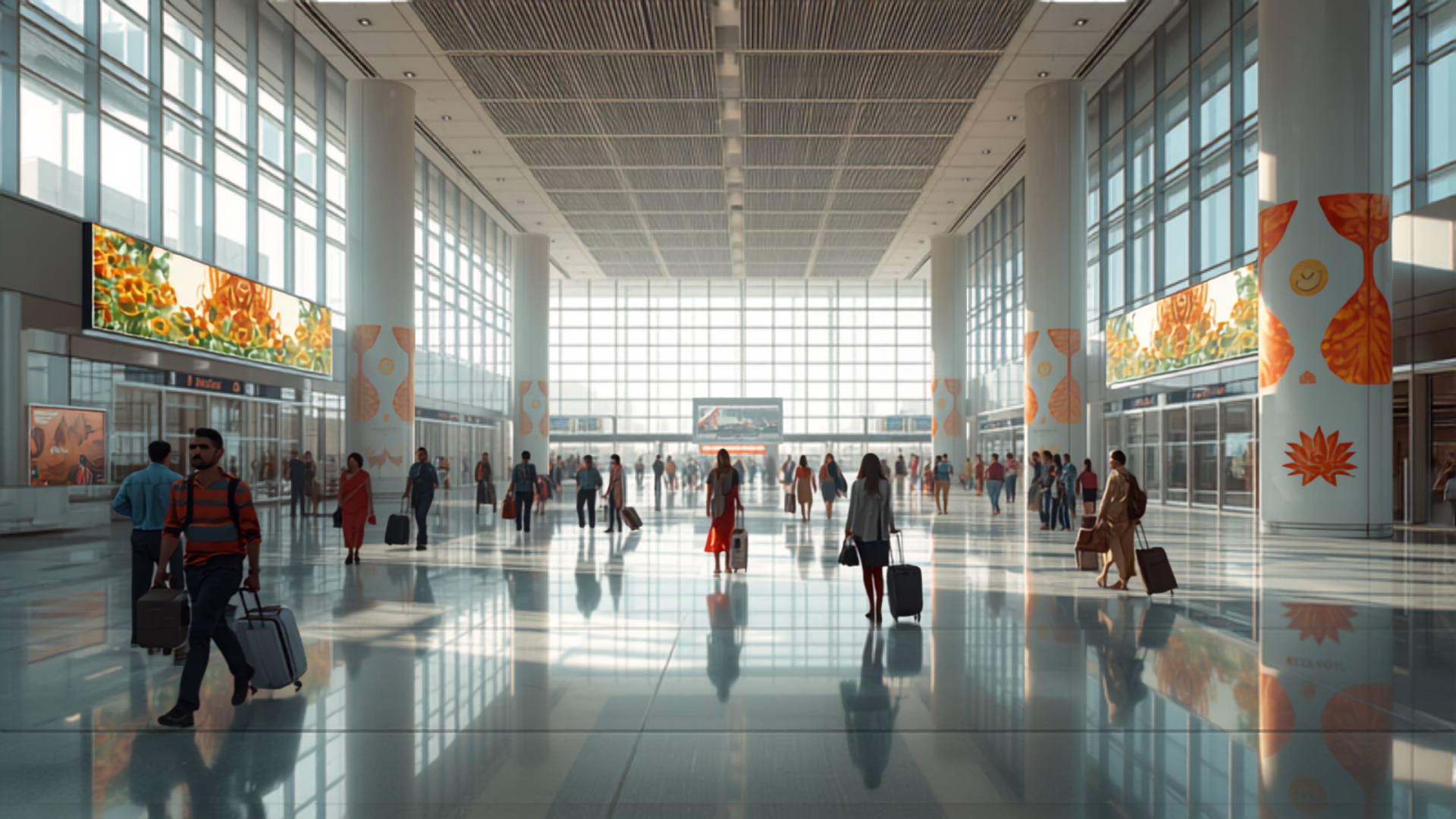 Illustrative concept of an airport digital advertising screen at DEL, themed for Holi. Image for illustrative purposes only, not an actual installed advertisement.