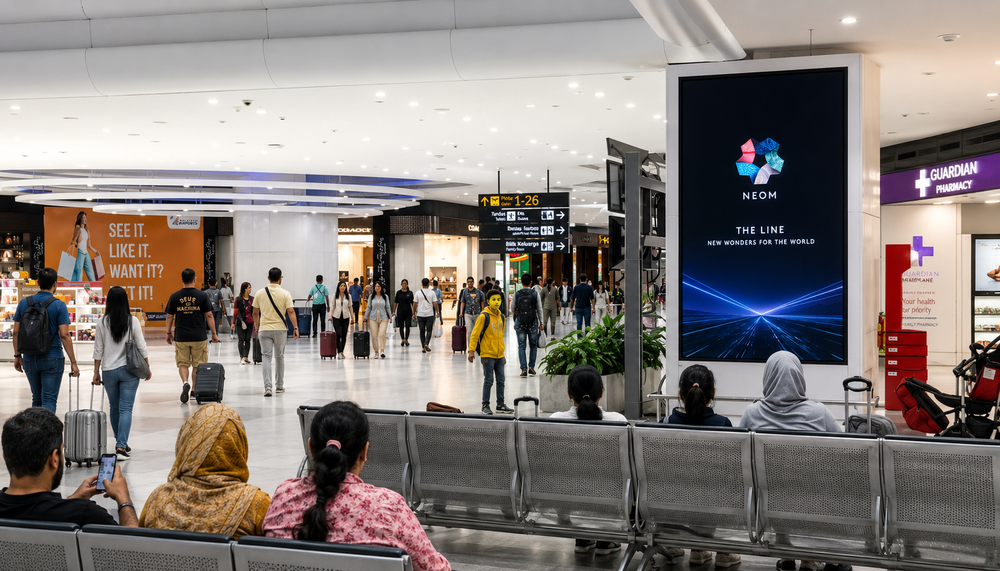 Digital advertising placement mockup at Indira Gandhi International Airport (DEL), New Delhi, reaching Diwali 2026 festive travellers.