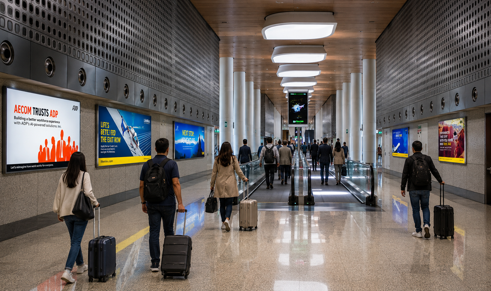 Digital advertising placement mockup at Chhatrapati Shivaji Maharaj International Airport (BOM), Mumbai, reaching Diwali 2026 festive travellers.
