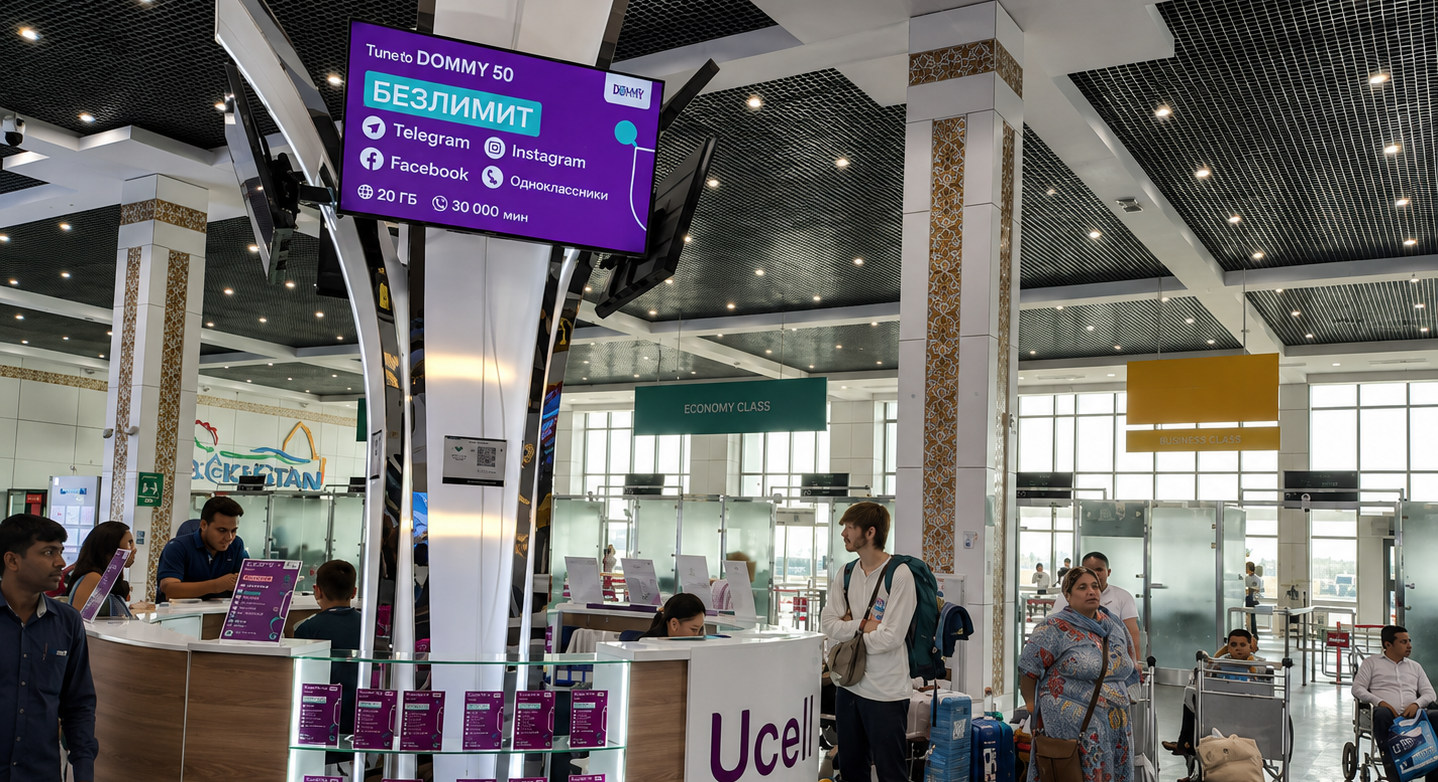 Digital advertising placement mockup at Bukhara International Airport (BHK), reaching Uzbekistan's autumn 2026 Silk Road travellers.