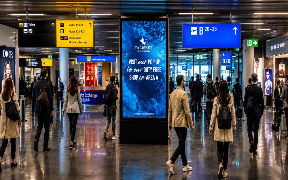 Digital advertising placement mockup at Frankfurt Airport (FRA), Germany's intercontinental front door, reaching Oktoberfest 2026 inbound HNWI travellers.