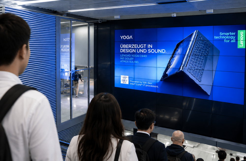 Digital advertising placement mockup at Dusseldorf Airport (DUS), North Rhine-Westphalia's corporate gateway, reaching Oktoberfest 2026 travellers.