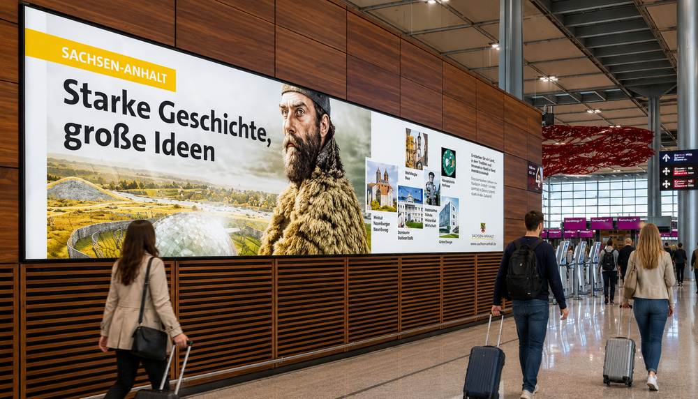 Digital advertising placement mockup at Berlin Brandenburg Airport (BER), reaching Oktoberfest 2026 capital and government-sector travellers.
