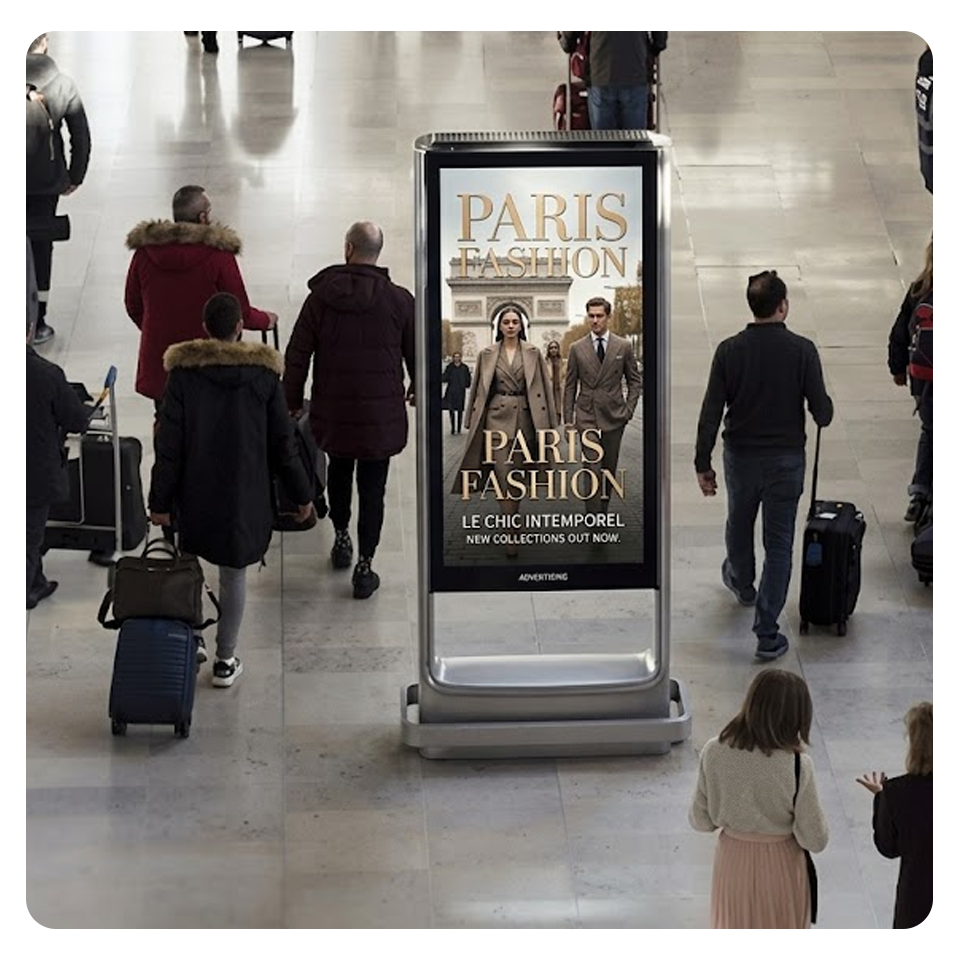 Advertising placement mockup at Paris Orly Airport (ORY), showing campaign creative reaching Paris Fashion Week travellers.