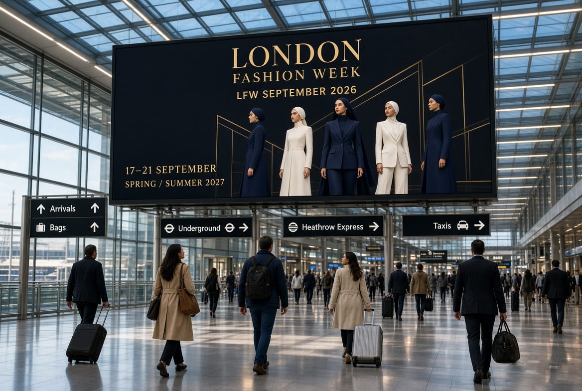 Business-aviation advertising environment at Farnborough Airport, the UK's leading private-jet gateway for fashion week visitors.