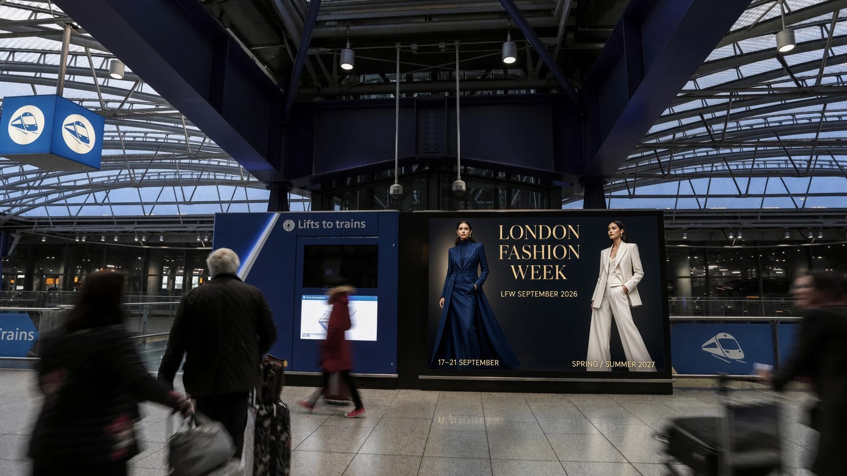 Programmatic digital out-of-home screens at London Gatwick Airport (LGW), serving European feeder traffic for Fashion Week 2026.