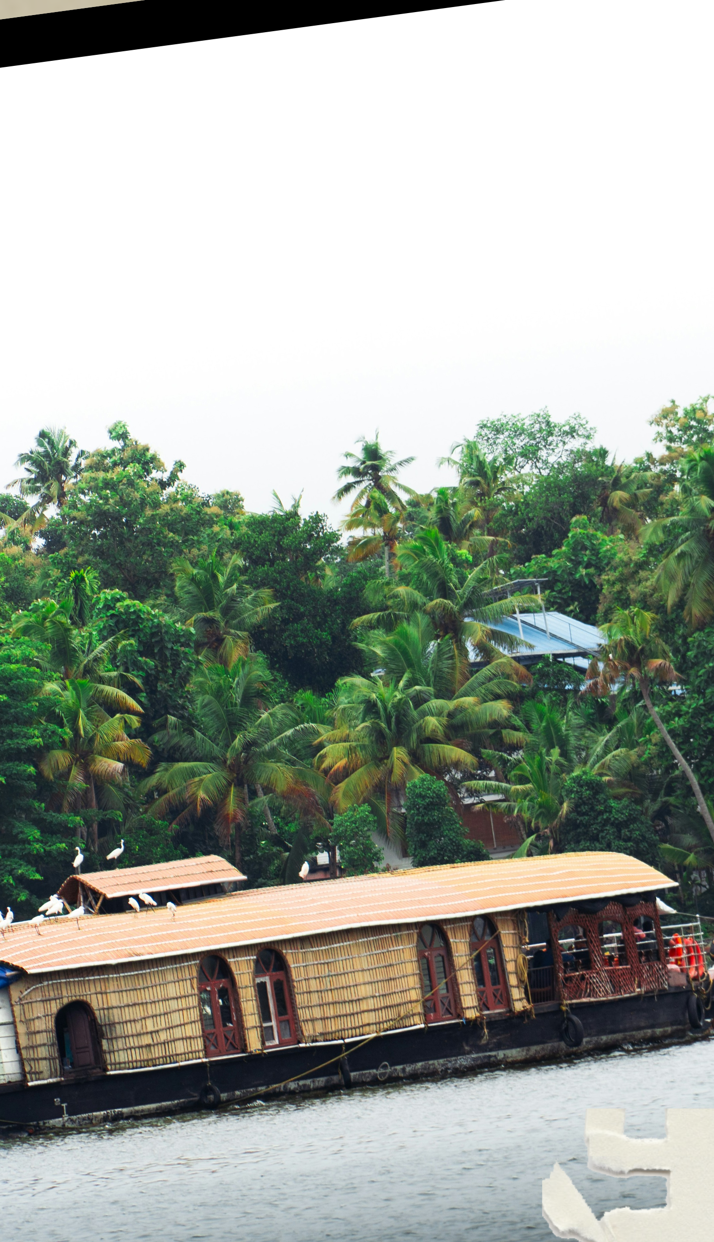 A traditional houseboat on the palm-lined backwaters of Kollam, Kerala, India