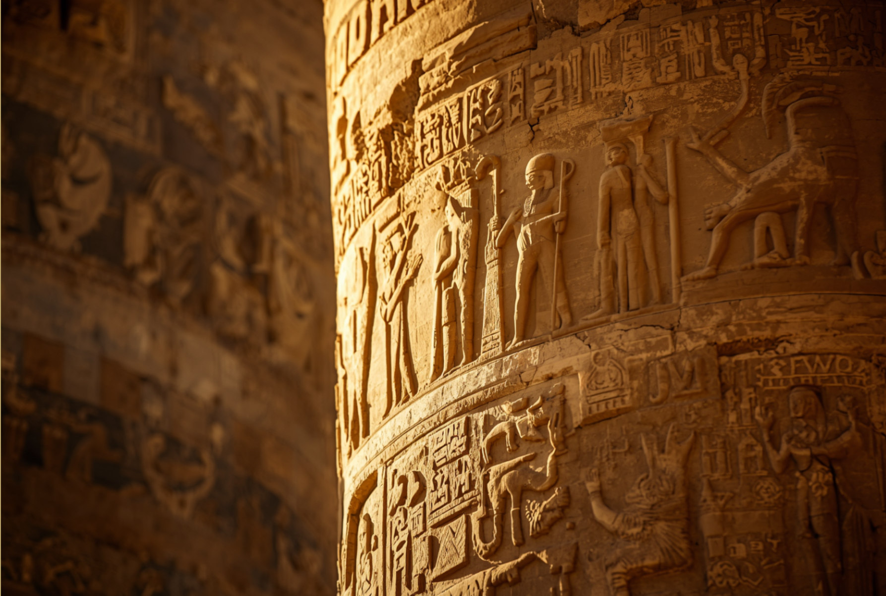 Hieroglyphic reliefs on a column at Karnak Temple, Luxor, Egypt