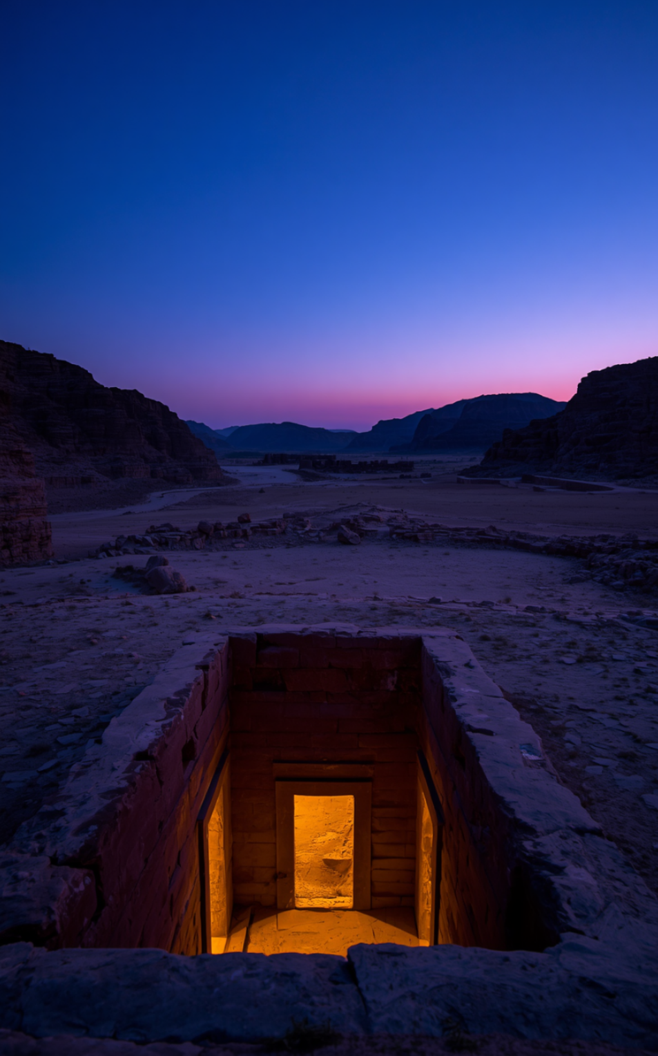 A tomb entrance in the Valley of the Kings at dusk, Luxor, Egypt