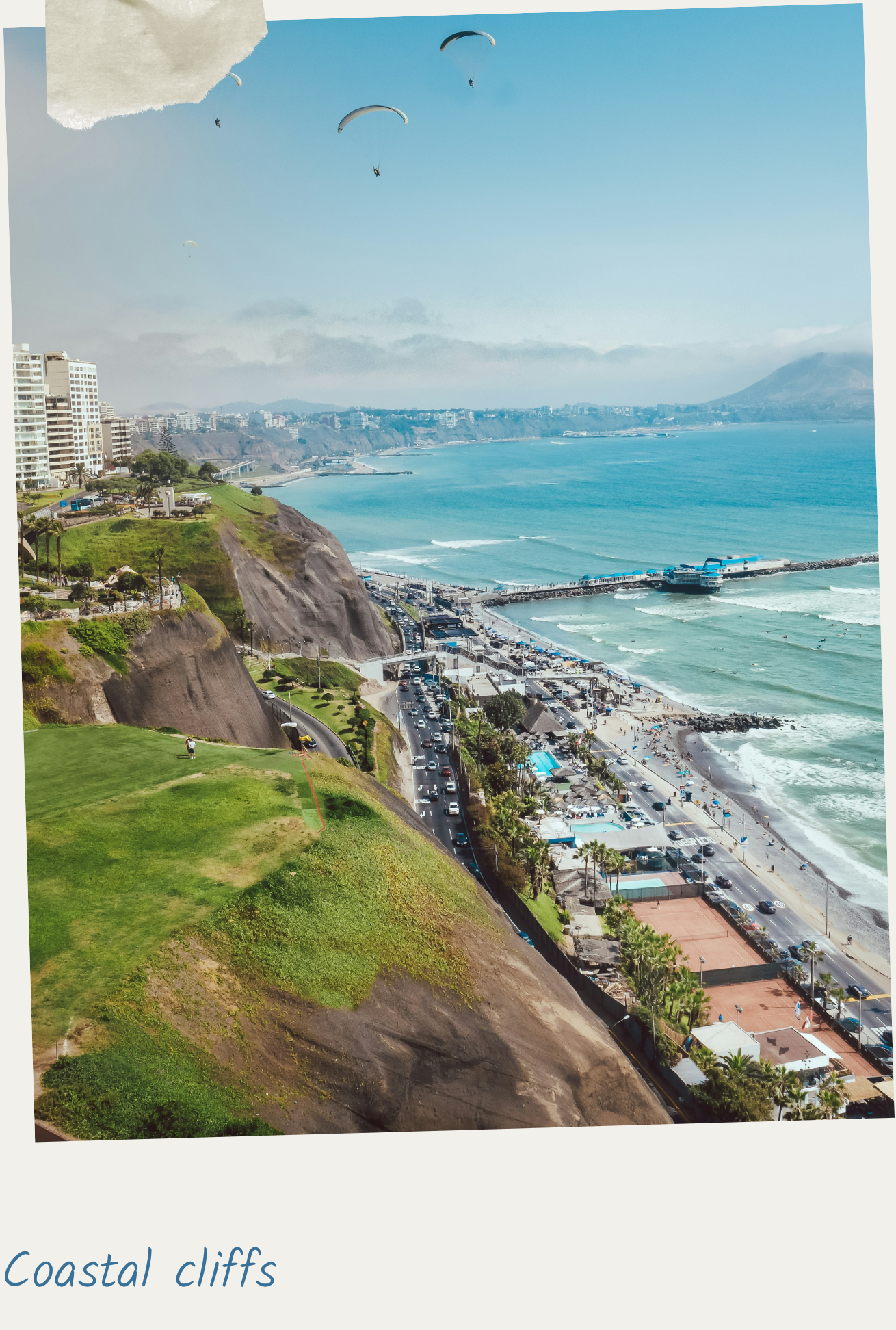 Aerial view of the Miraflores clifftop coastline in Lima, Peru