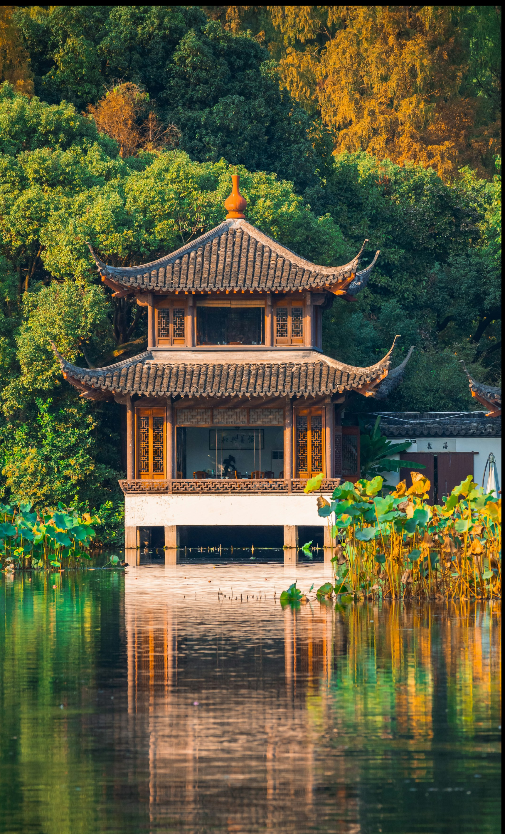 Lakeside pavilion reflected on West Lake, Hangzhou, China