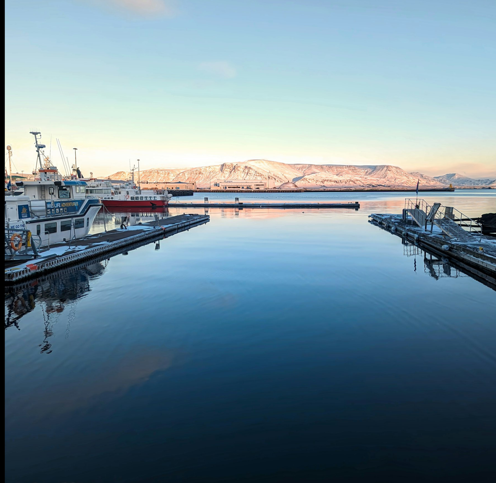 Reykjavik harbour with fishing boats and snow-capped mountains, Iceland