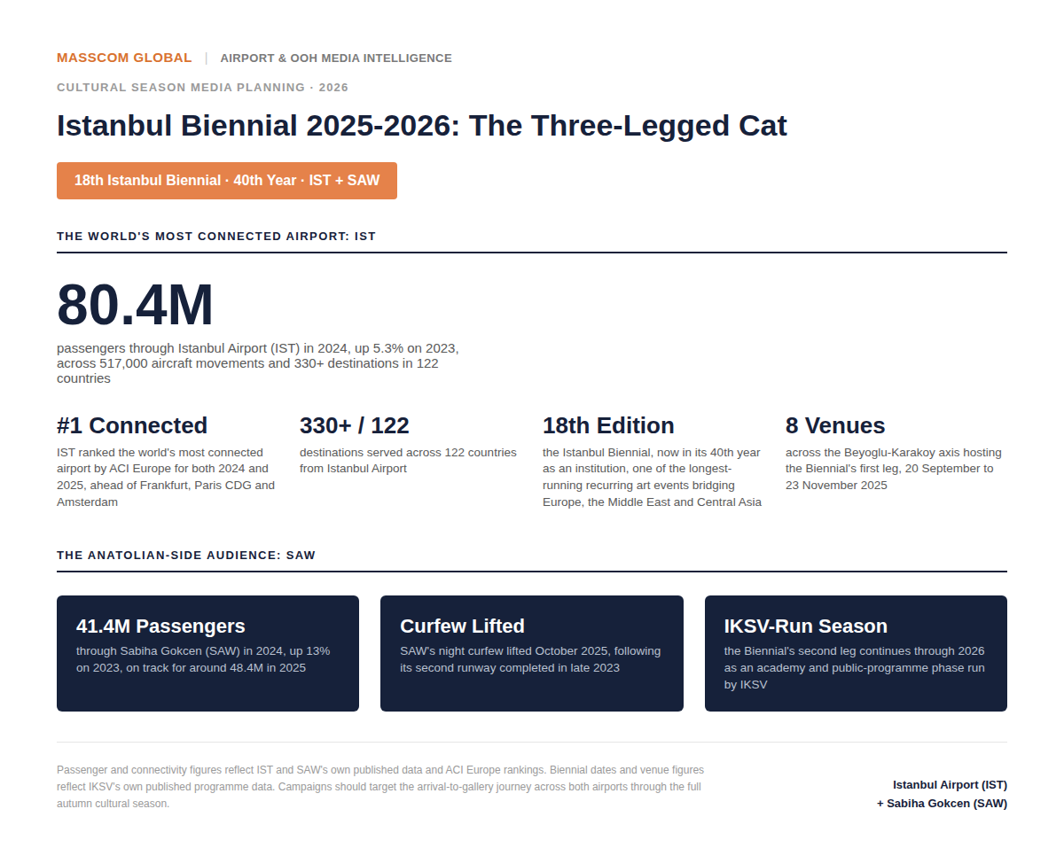 Istanbul Biennial 2025-2026 audience infographic: IST and SAW passenger and connectivity data.