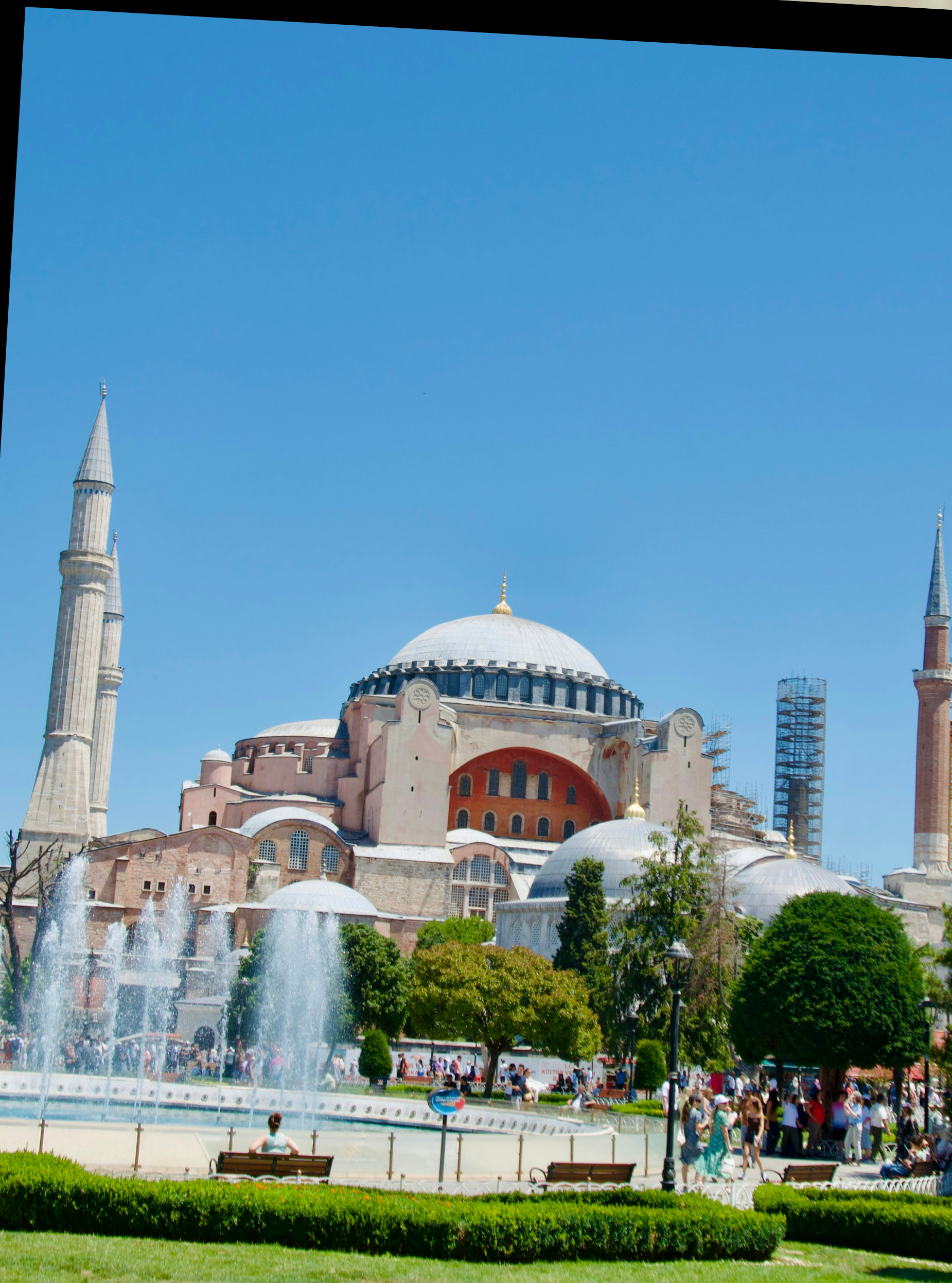 Hagia Sophia with fountains under blue sky, Istanbul, Turkey