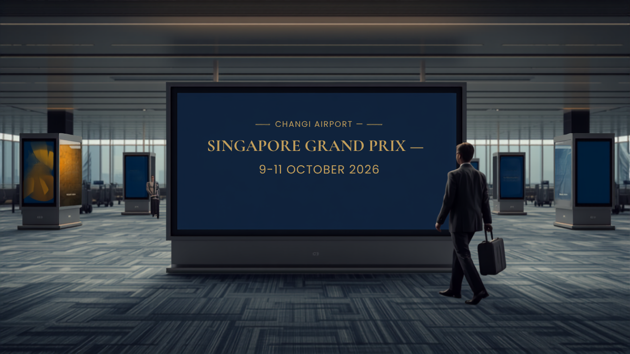 Digital billboard advertising mockup for Singapore F1 at Singapore Changi Airport, showing the campaign creative to travellers in the terminal.