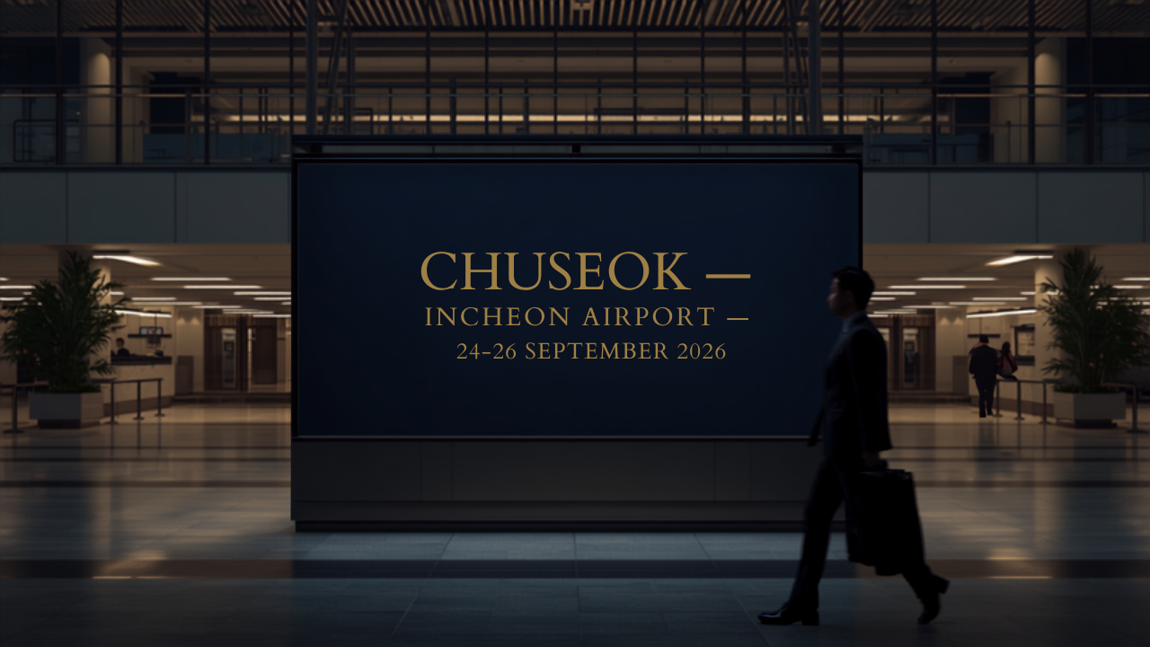 Digital billboard advertising mockup for Chuseok (Korean Thanksgiving) at Incheon International Airport, showing the campaign creative to travellers in the terminal.