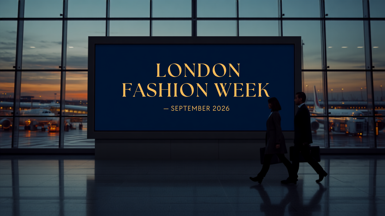 Digital billboard advertising mockup for London Fashion Week (Sept) at London Heathrow Airport, showing the campaign creative to travellers in the terminal.