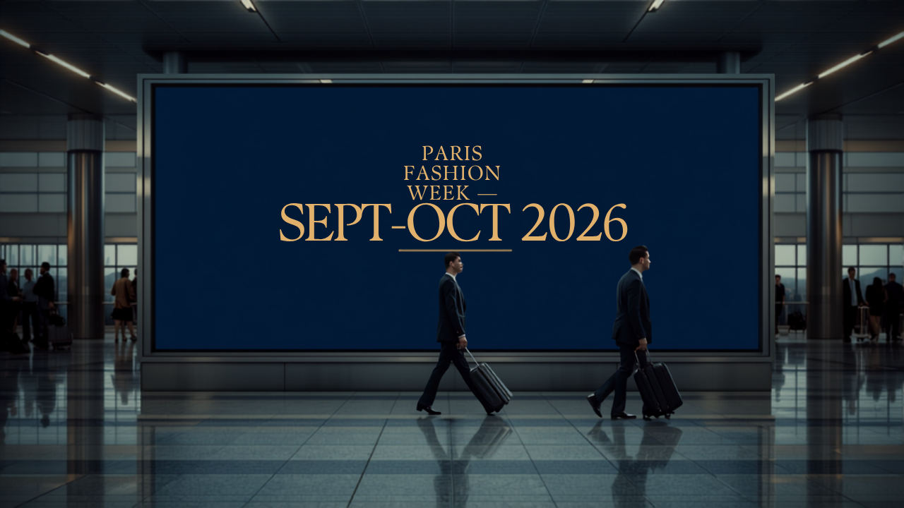 Digital billboard advertising mockup for Paris Fashion Week (Sept) at Paris Charles de Gaulle Airport, showing the campaign creative to travellers in the terminal.