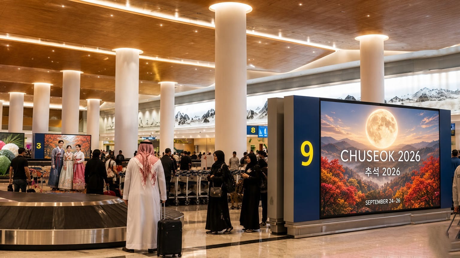Incheon International Airport (ICN) passenger terminal near Seoul, Korea's main international gateway during Chuseok 2026.