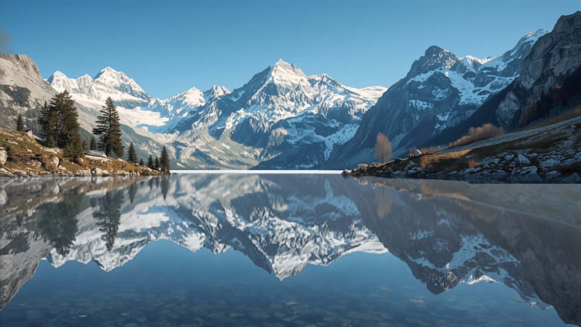 Alpine lake reflecting snowy peaks, Switzerland