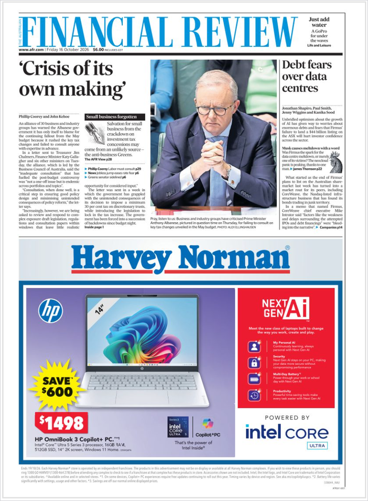 The Australian Financial Review print edition front page, Australia