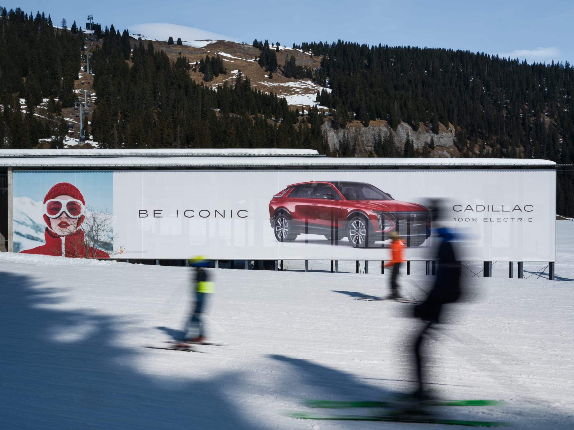 Cadillac branded cabins, billboards and slope signage at Laax