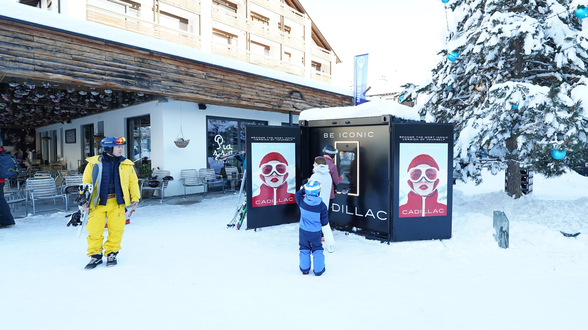 Cadillac branded cabins, billboards and slope signage at Laax