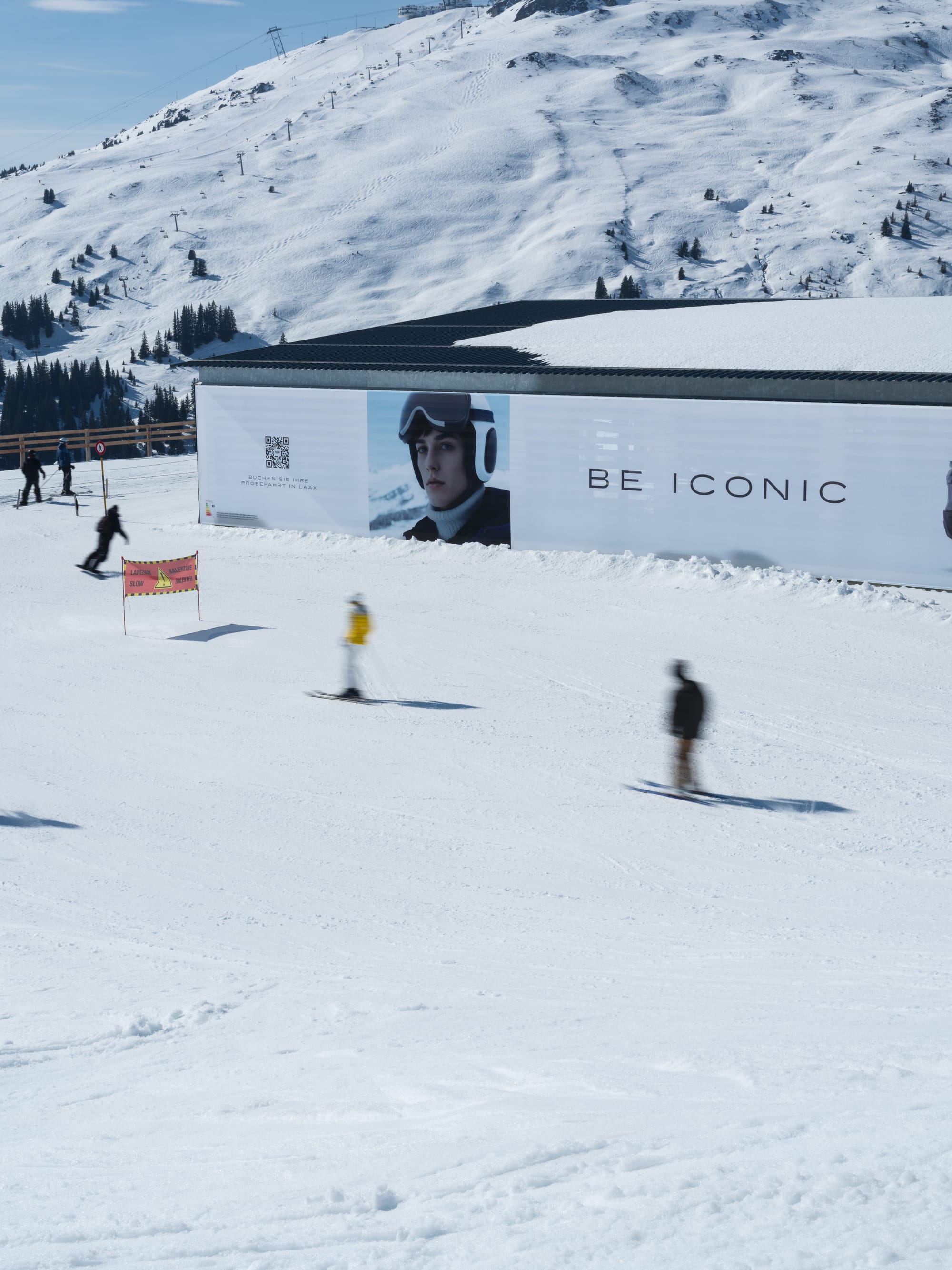 Cadillac branded cabins, billboards and slope signage at Laax