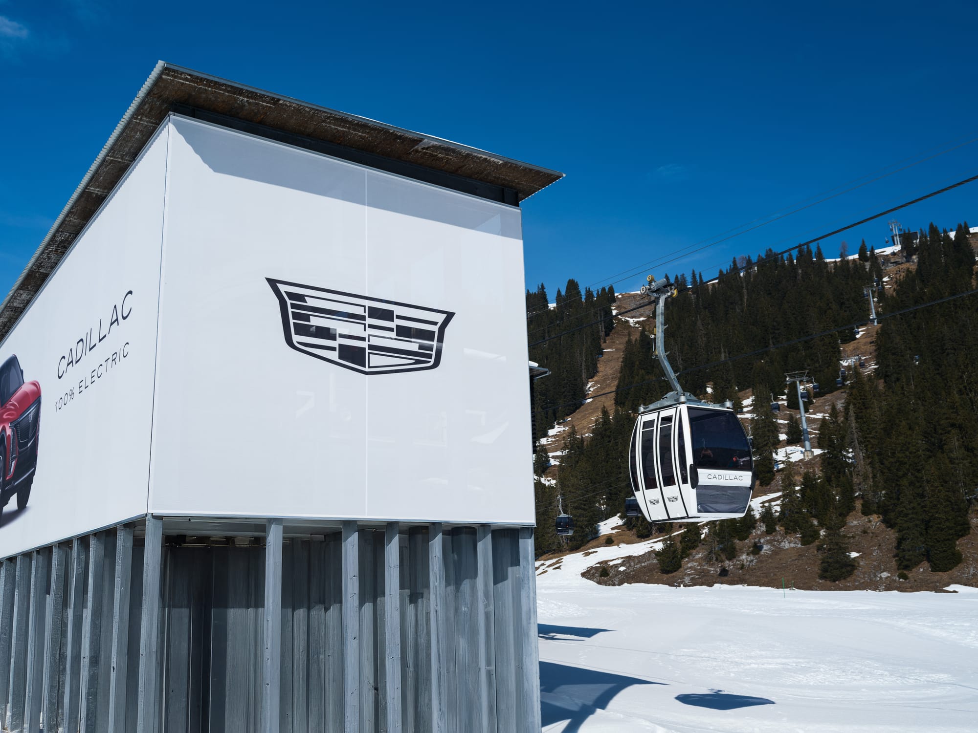 Cadillac branded cabins, billboards and slope signage at Laax