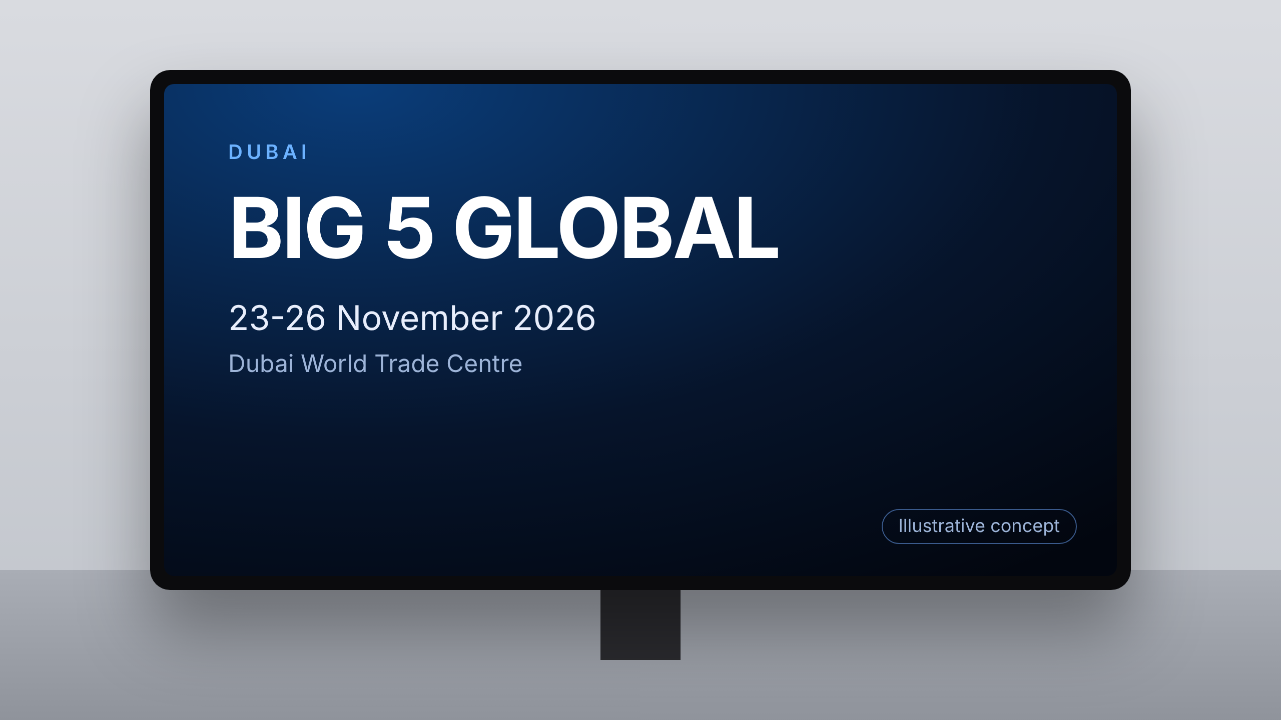 Illustrative concept of an airport digital advertising screen themed for Big 5 Global 2026. Image for illustrative purposes only, not an actual installed advertisement.