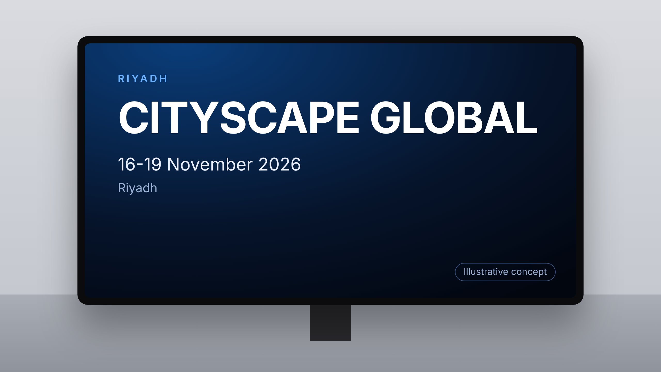 Illustrative concept of an airport digital advertising screen themed for Cityscape Global 2026. Image for illustrative purposes only, not an actual installed advertisement.
