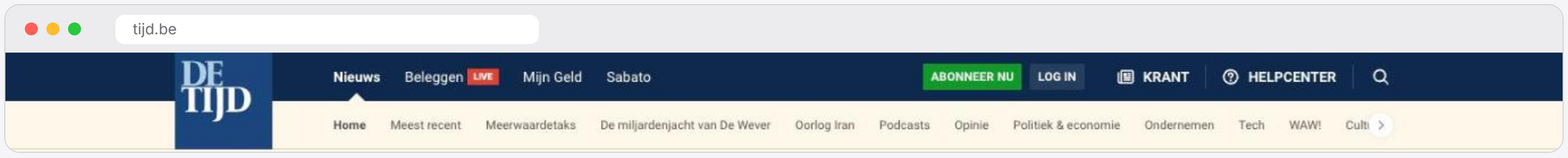 De Tijd website homepage, Belgium business and investor news
