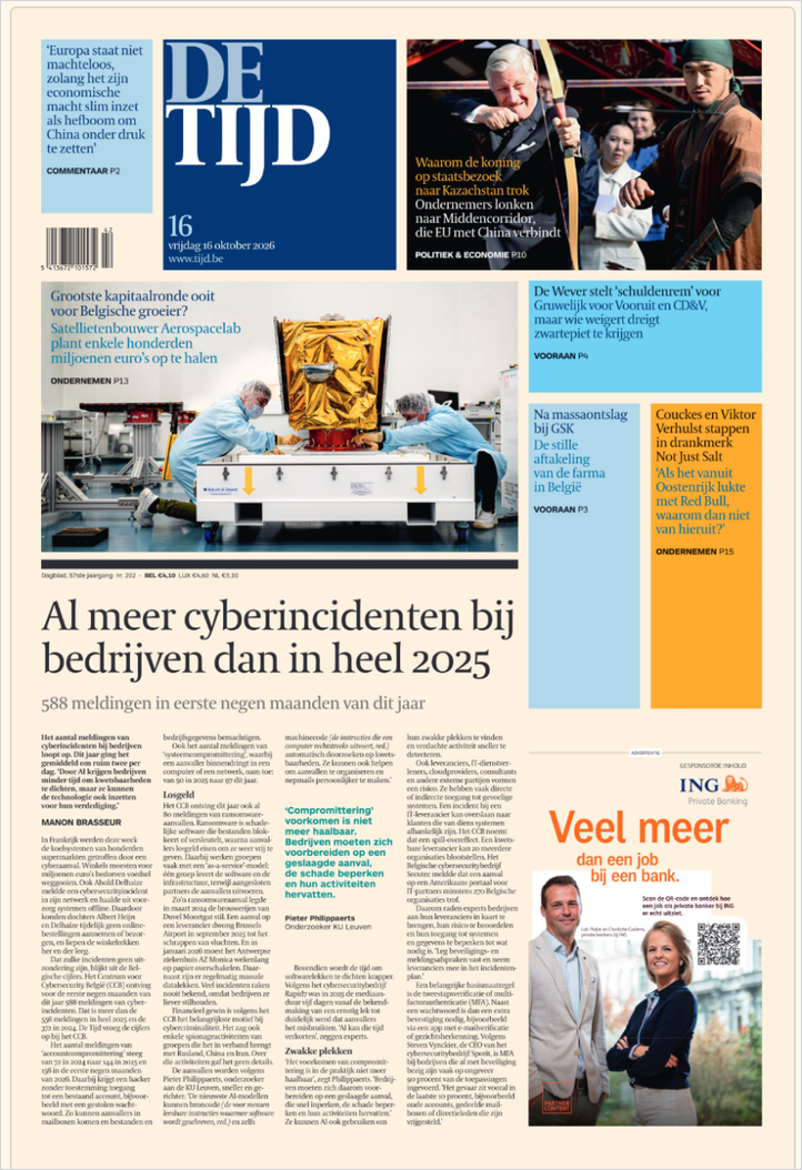 De Tijd print edition front page, Belgium