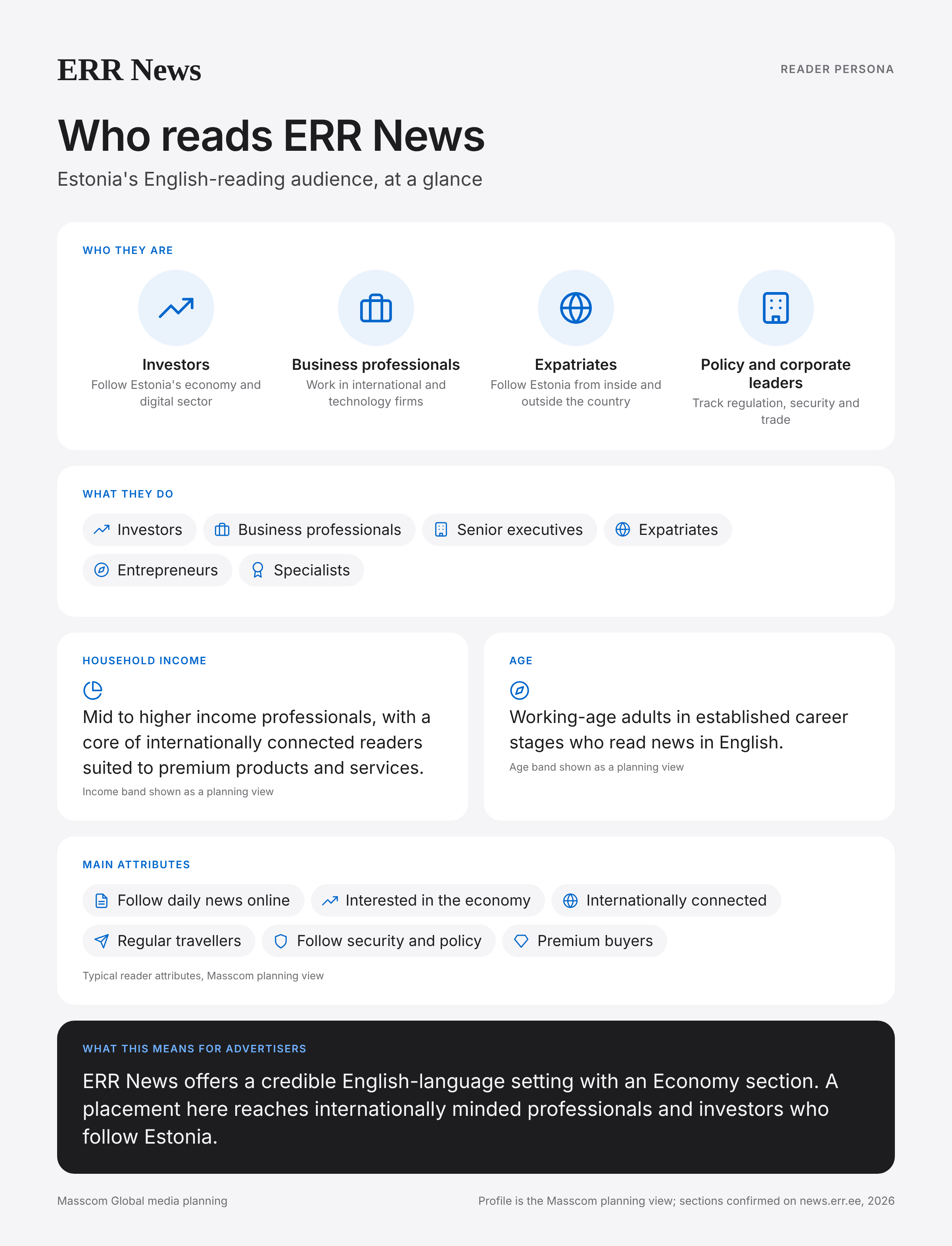 ERR News reader persona infographic: who reads ERR News, typical roles, income, age and attributes of its business and investor audience in Estonia