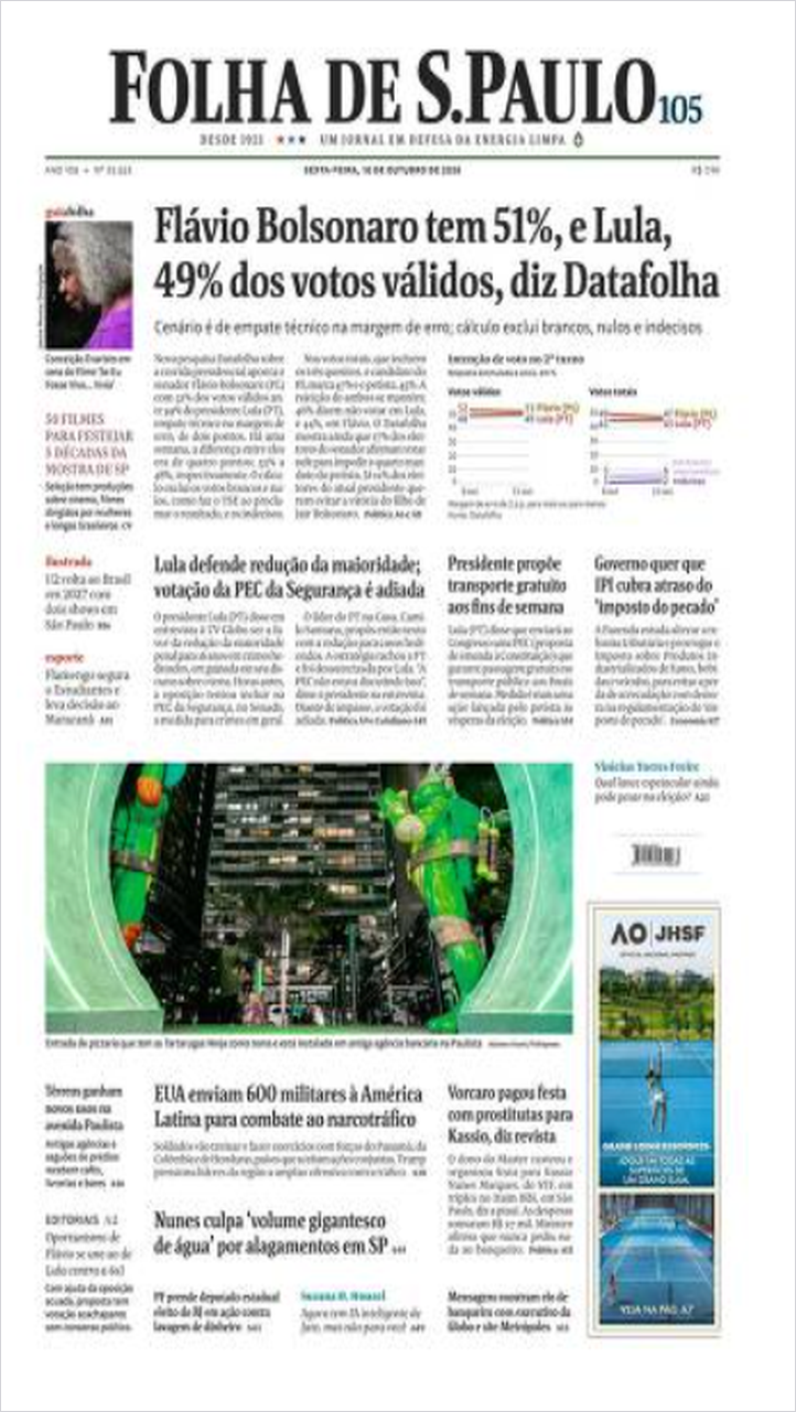 Folha de S.Paulo print edition front page, Brazil