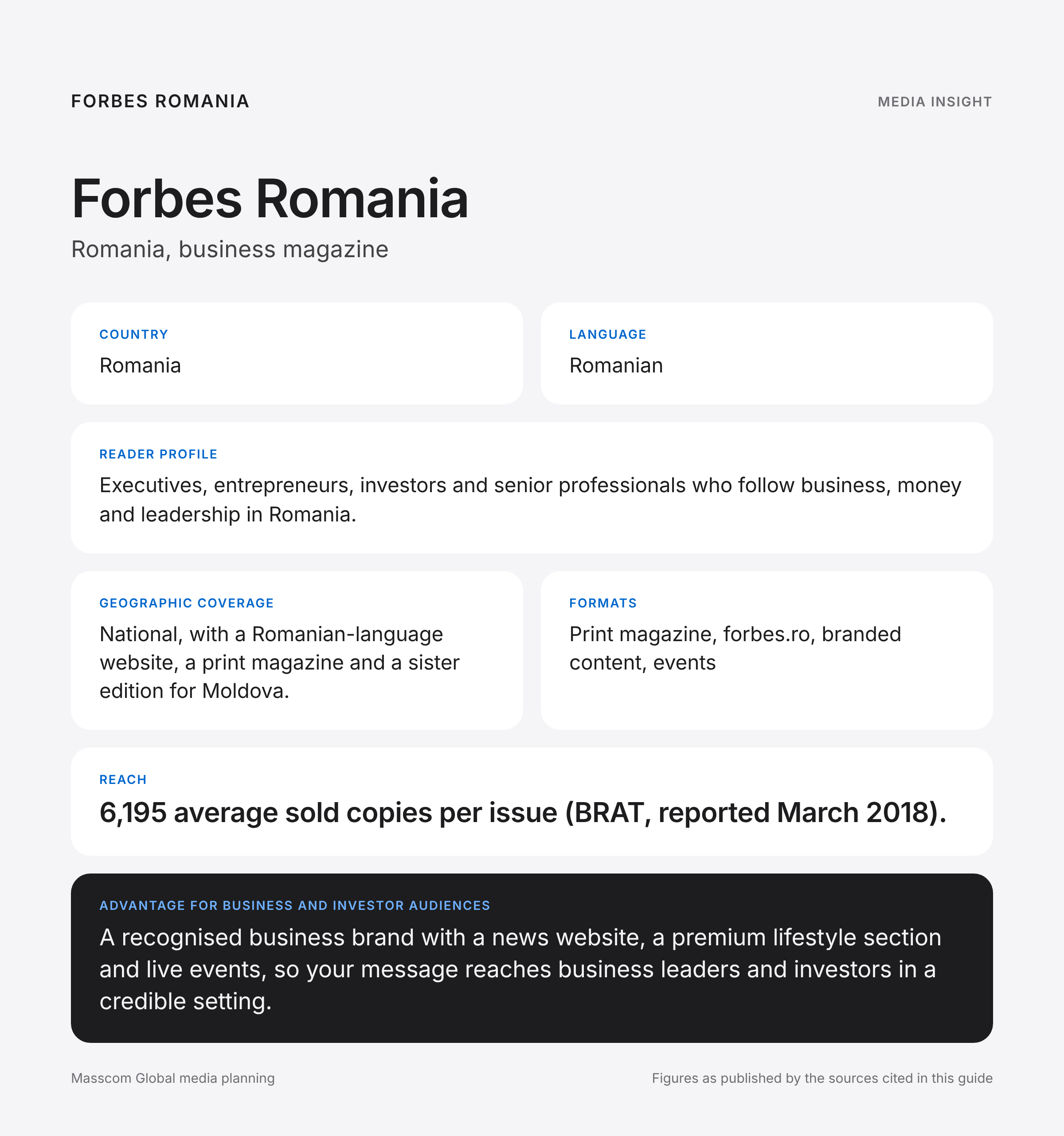 Forbes Romania media insights infographic: reader profile, geographic coverage and reach for business and investor audiences in Romania