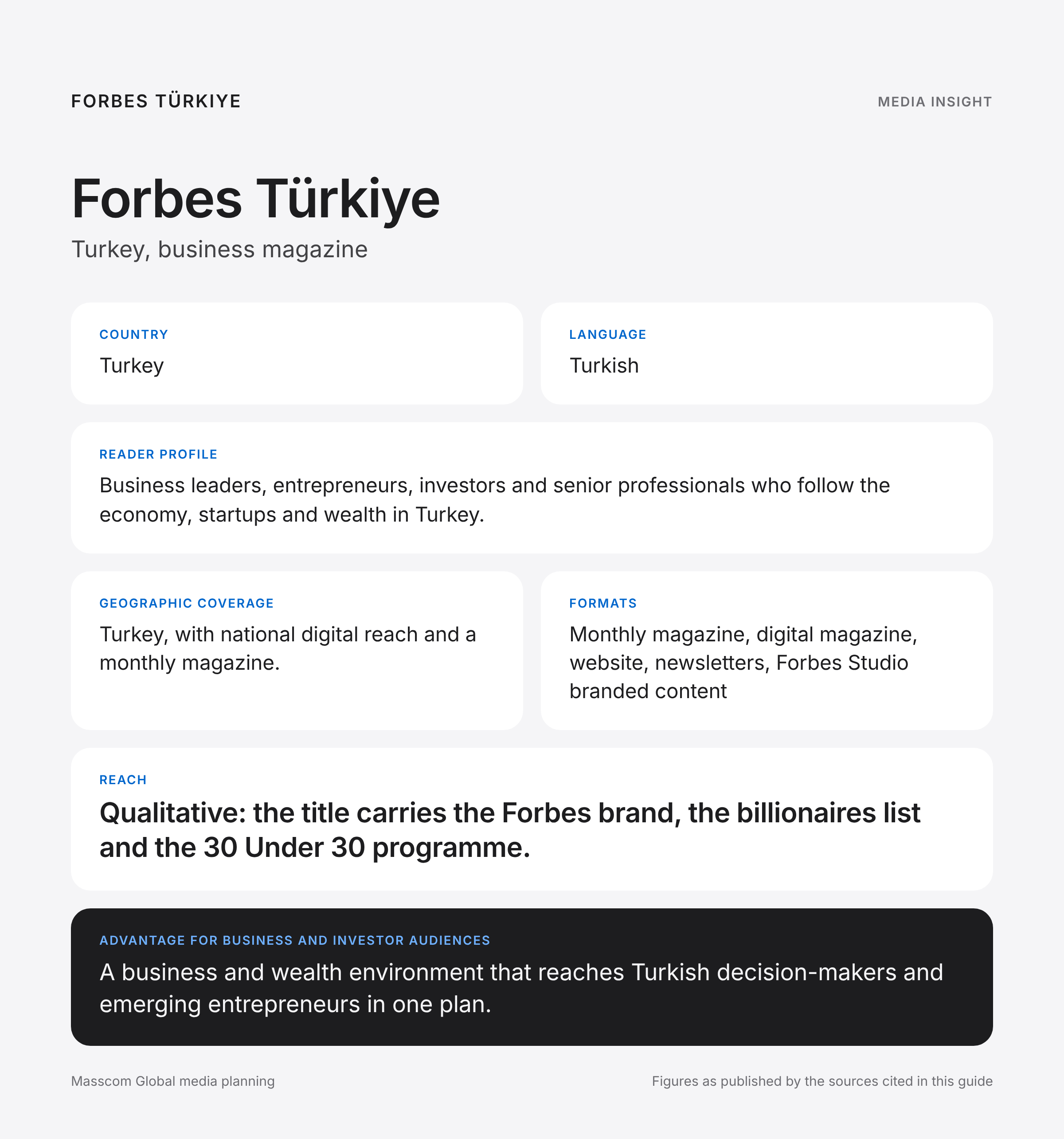 Forbes Türkiye media insights infographic: reader profile, geographic coverage and reach for business and investor audiences in Turkey