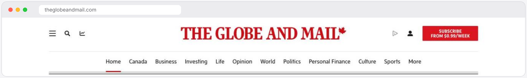 The Globe and Mail website homepage, Canada business and investor news