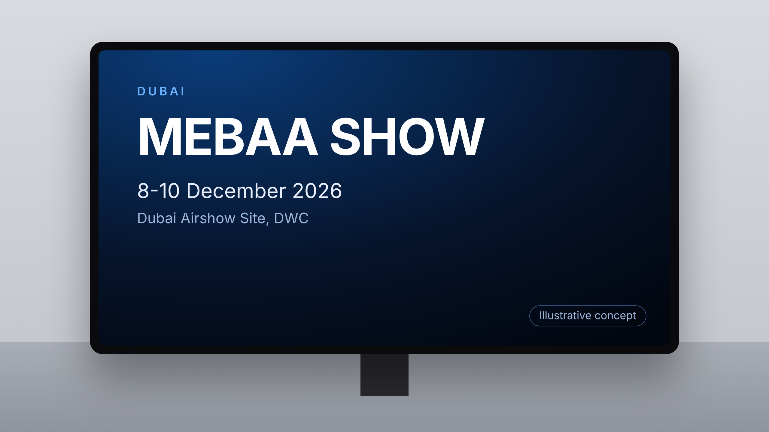 Illustrative concept of an airport digital advertising screen themed for MEBAA Show 2026. Image for illustrative purposes only, not an actual installed advertisement.