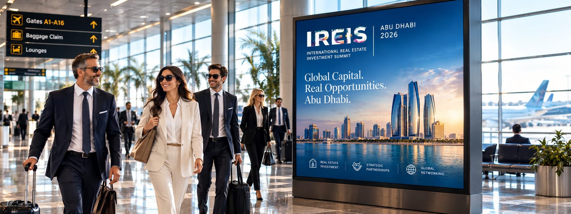 IREIS Abu Dhabi 2026 advertising screen in an airport arrivals hall with business travellers