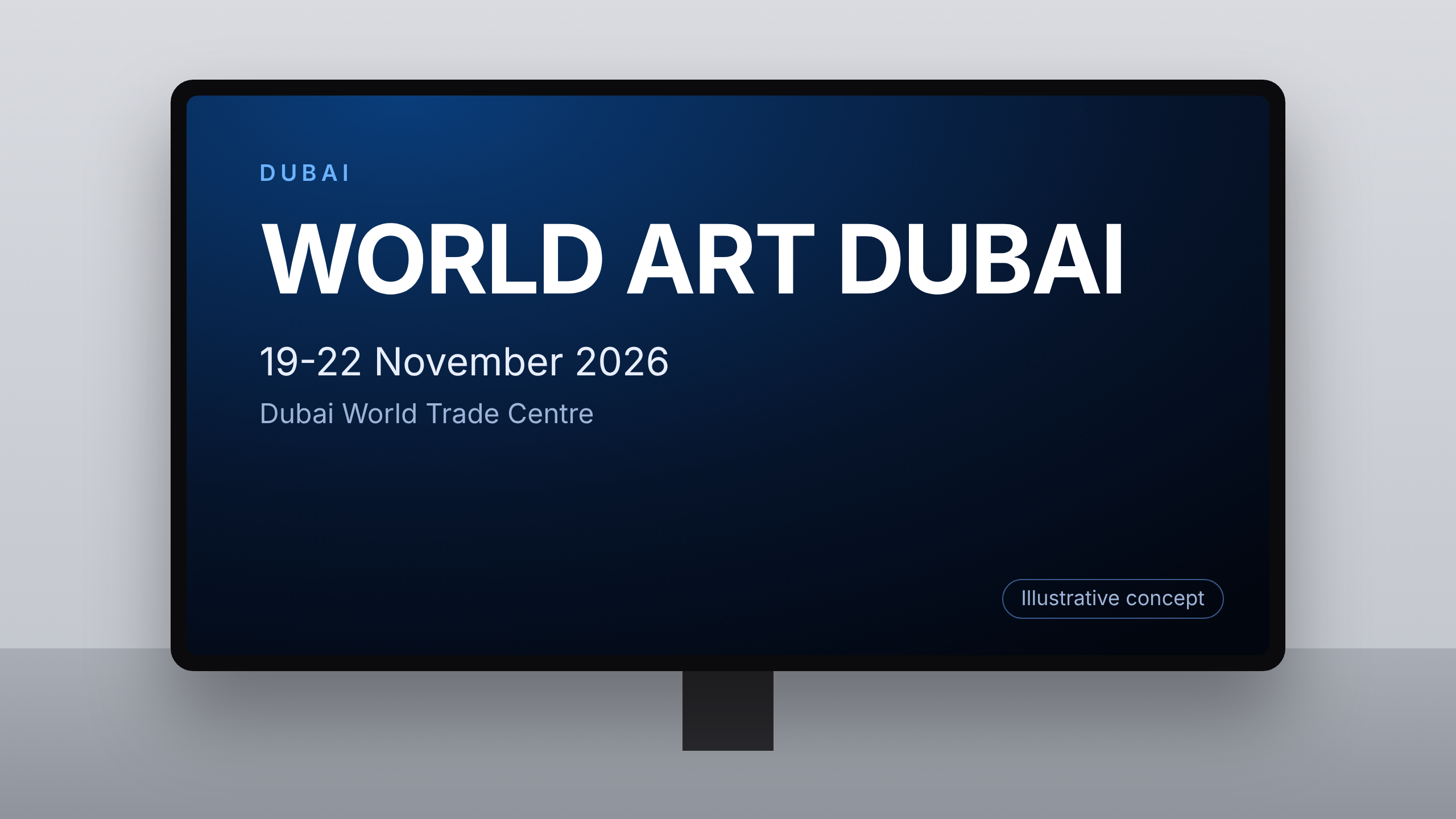 Illustrative concept of an airport digital advertising screen themed for World Art Dubai 2026. Image for illustrative purposes only, not an actual installed advertisement.