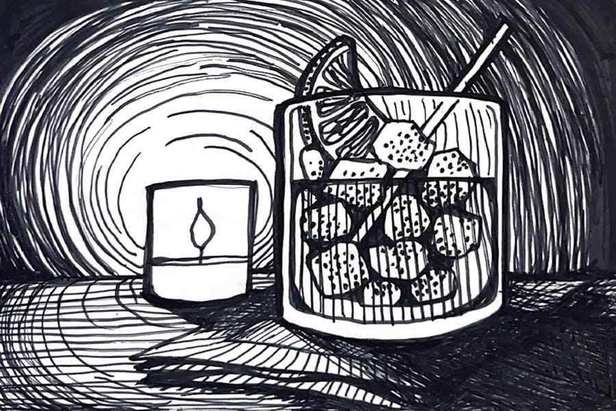 An illustration of a cocktail drink on a candle lit table.
