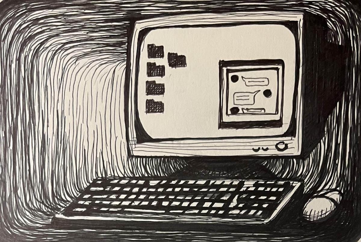 An illustration of a computer PC, with he computer screen showing various folders and a chat room.
